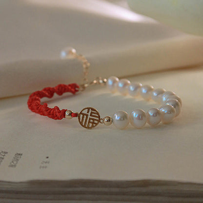 Mythstone 14K Gold Plated Pearl Bead Luck Protection Braid Red String Bracelet