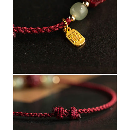 Mythstone Natural Cinnabar Chinese Zodiac Hetian Jade Fu Character Luck Rope Bracelet