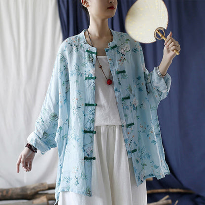 Mythstone Light Green Pink Flowers Green Leaves Frog-Button Long Sleeve Ramie Linen Jacket Shirt