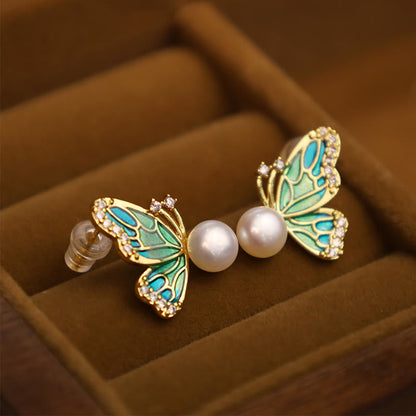 Mythstone 925 Sterling Silver Posts 18K Gold Plated Copper Natural Pearl Butterfly Healing Stud Earrings