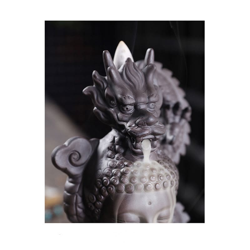 Mythstone Dragon Buddha Auspicious Clouds Purple Clay Healing Incense Burner Decoration