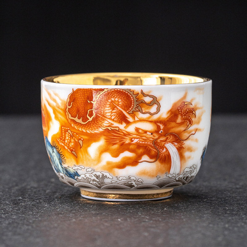 Mythstone Dragon Phoenix Crane Sun Ocean Waves Gilt Ceramic Teacup Kung Fu Tea Cup 170ml