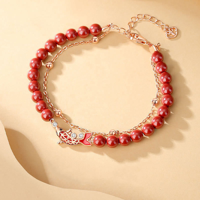 Mythstone 925 Sterling Silver Lucky Koi Fish Cinnabar Zircon Prosperity Double Layer Chain Bracelet