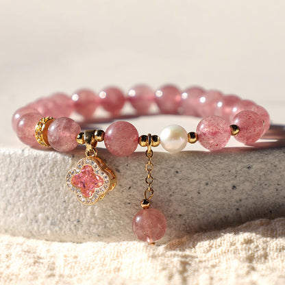 Mythstone Strawberry Quartz Pearl Four Leaf Clover Charm Healing Bracelet