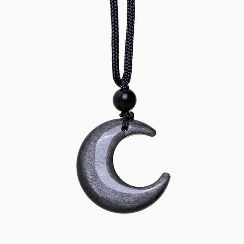 Mythstone Natural Silver Sheen Obsidian Selenite Crystal Crescent Moon Yin Yang Couple Protection Necklace Pendant