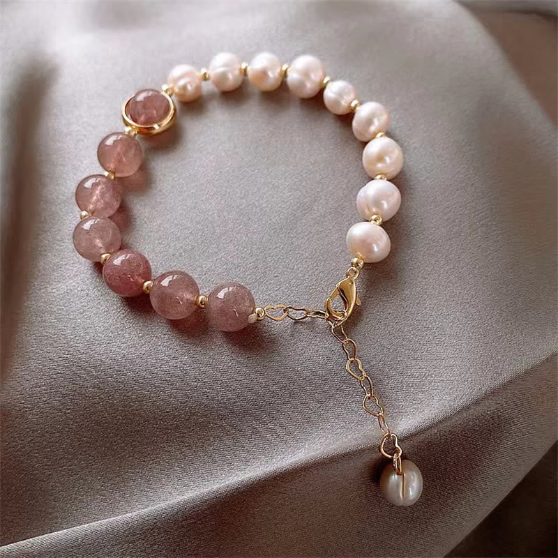 Mythstone Natural Strawberry Quartz Pearl Love Positive Chain Bracelet