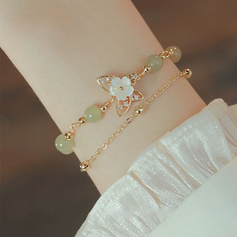 MythStone 14K Gold Plated Jade Butterfly Tridacna Stone Flower Double Layer Luck Bracelet