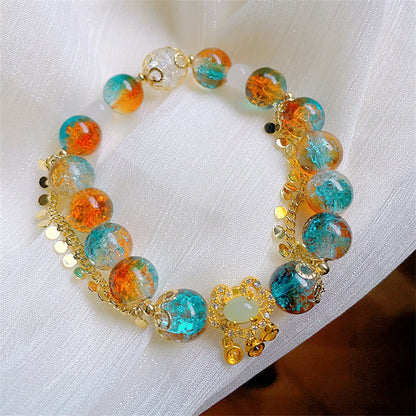 Mythstone Colorful Liuli Glass Bead Chinese Lock Charm Fortune Bracelet