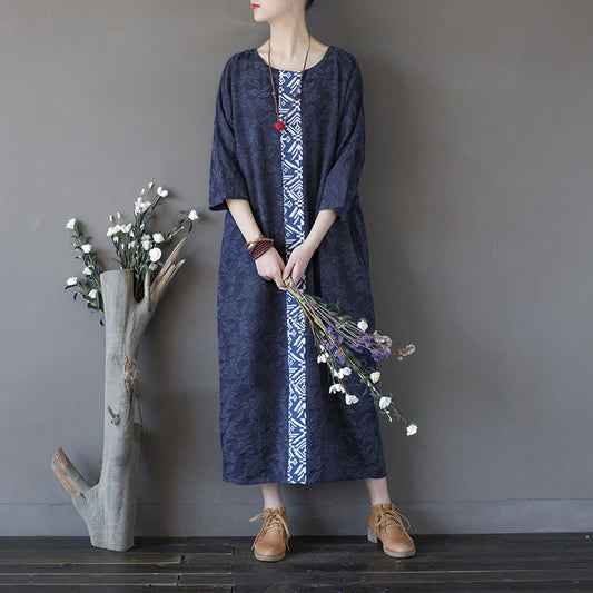 Mythstone Blue Flowers Embroidery Jacquard Midi Dress Three Quarter Sleeve Cotton Dress With Pockets