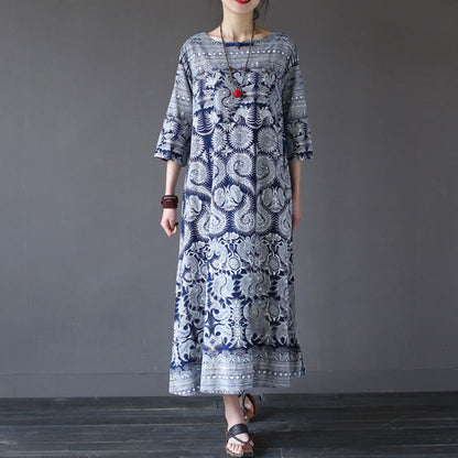 Mythstone Blue White Flower Printed Button Midi Dress Three Quarter Sleeve Cotton Linen Dress With Pockets