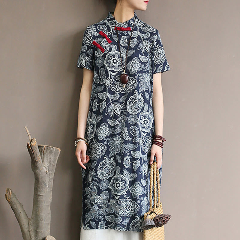 Mythstone Blue White Flower Frog-button Cheongsam Dresses Short Sleeve Linen Dresses With Pockets