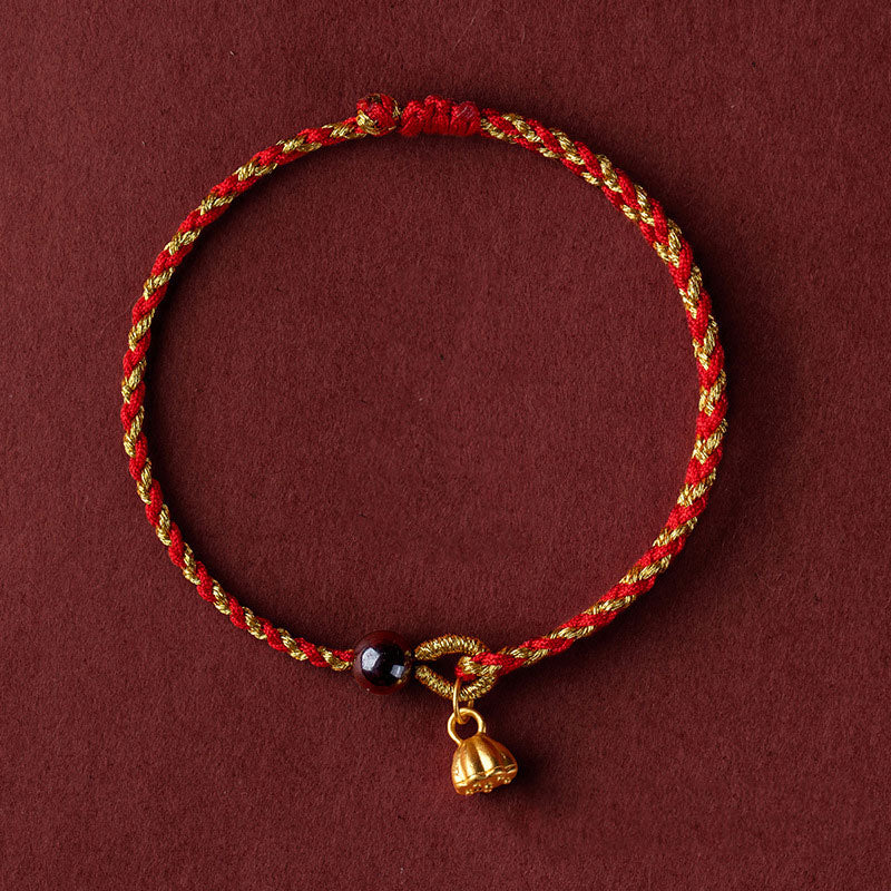 Mythstone Handcrafted Red Gold Rope Lotus Peace And Joy Charm Braid Bracelet