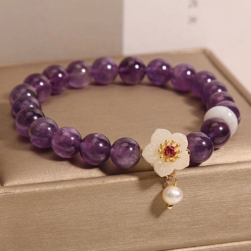 Mythstone Natural Amethyst White Agate Pearl Charm Balance Bracelet