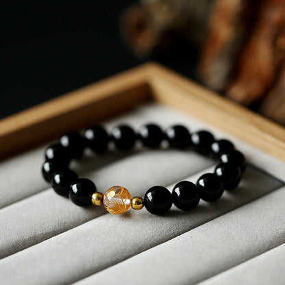 Mythstone Natural Black Obsidian White Crystal Black Onyx Dragon Strength Bracelet