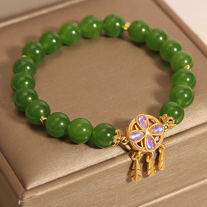 Pulsera de la suerte con trébol de cuatro hojas y atrapasueños de jade verde Mythstone 