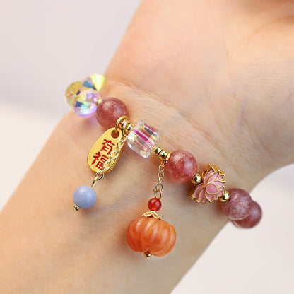 Mythstone Natural Strawberry Quartz Fu Character Pumpkin Charm Positive Bracelet