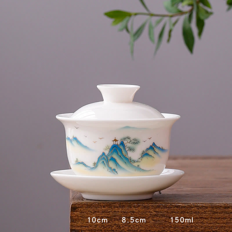 Mythstone White Porcelain Mountain Landscape Countryside Ceramic Gaiwan Teacup Kung Fu Tea Cup And Saucer With Lid