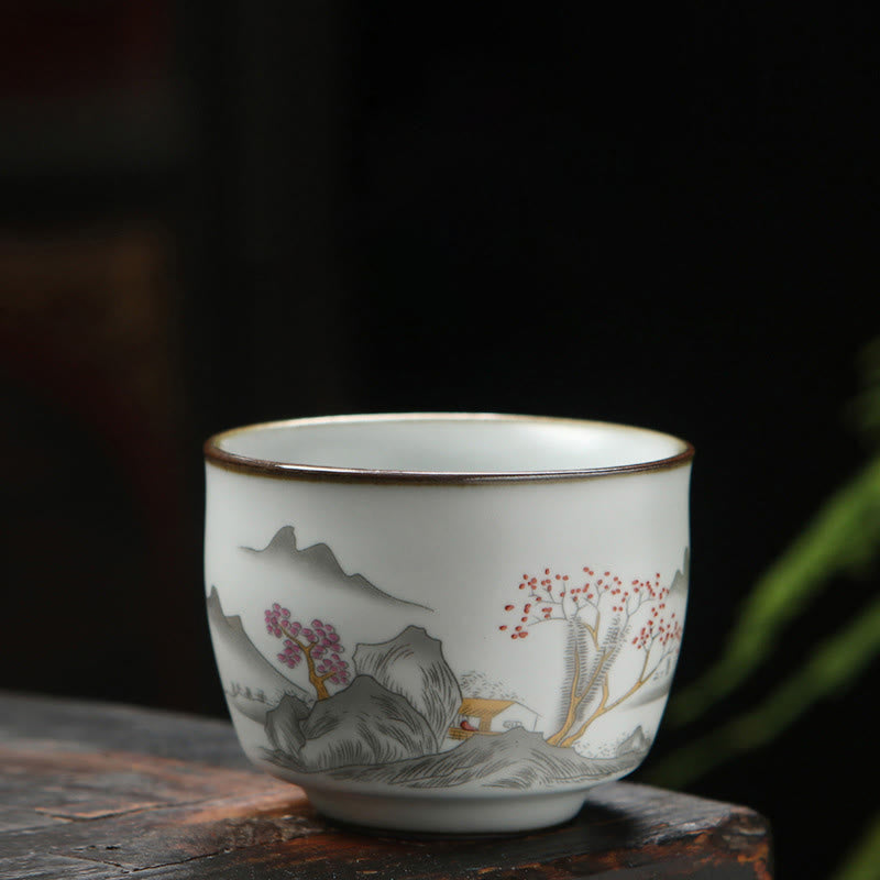 Mythstone Loquat Lychee Snow Scenery Landscape Grape Apple Ceramic Teacup Kung Fu Tea Cup