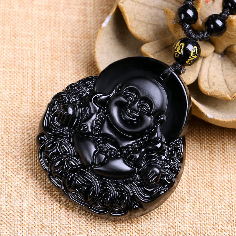 Collar con colgante de protección y fuerza de obsidiana negra con Buda sonriente de piedra mitológica 