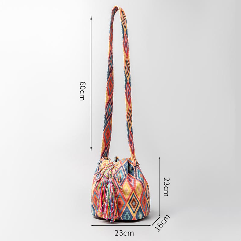 Mythstone Colorful Geometry Flowers Print Canvas Bucket Crossbody Bag Shoulder Bag