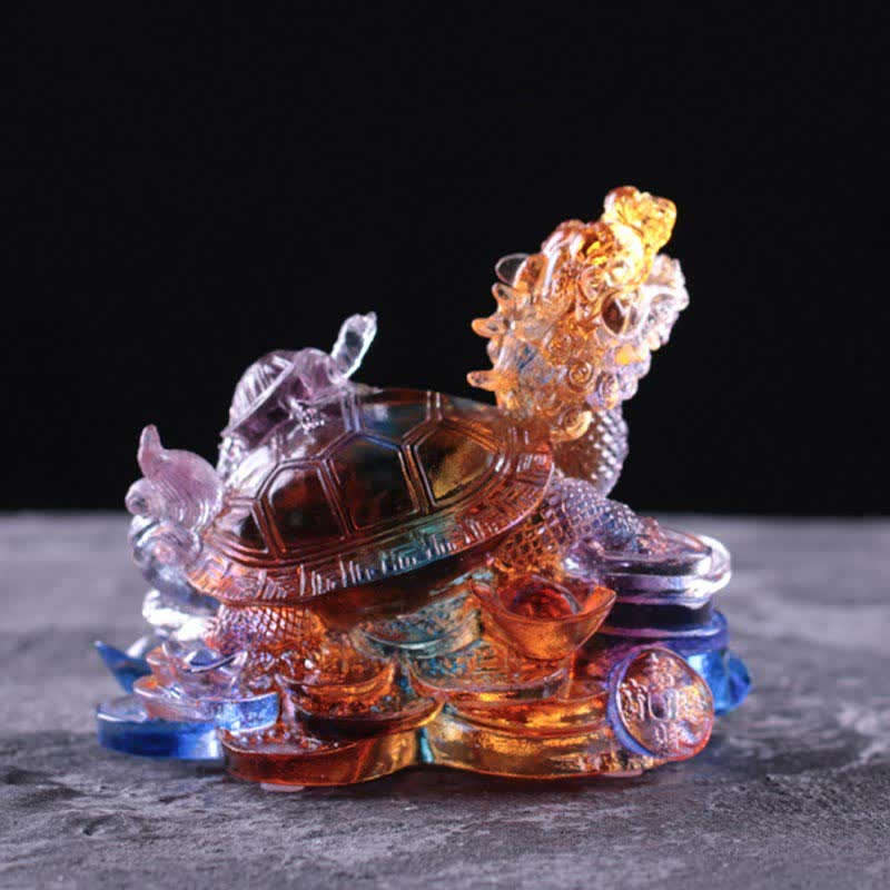 Mythstone Feng Shui Dragon Turtle Coins Handmade Liuli Crystal Luck Art Piece Home Office Decoration