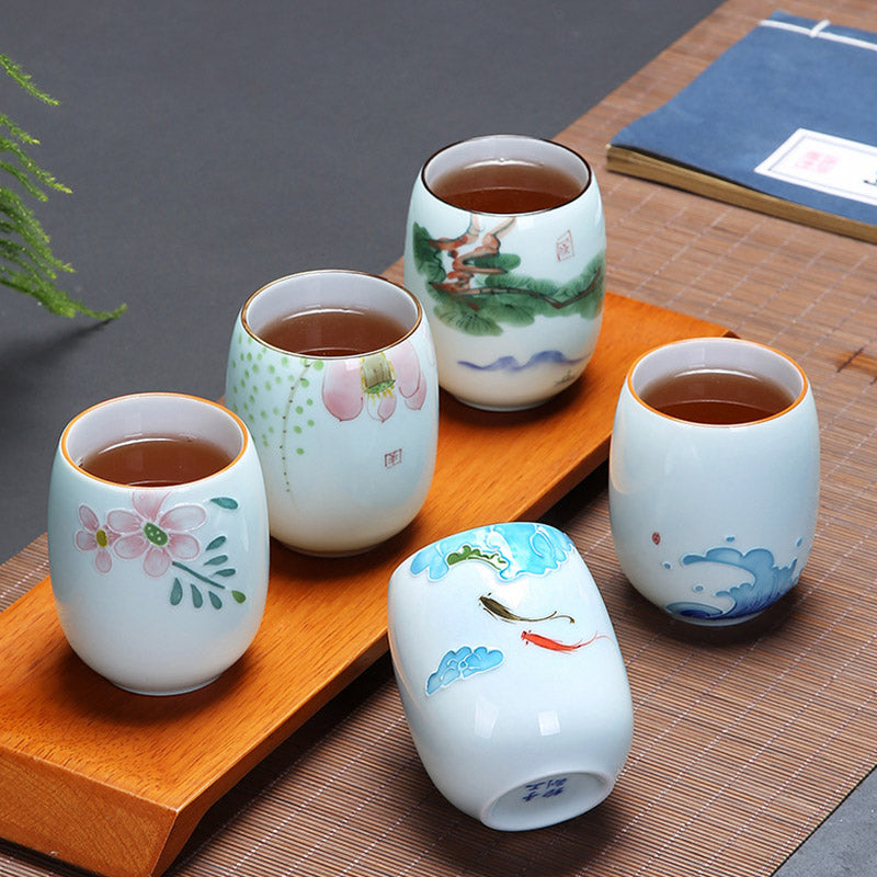 Mythstone Koi Fish Lotus Landscape Dandelion Peony Flower Ceramic Teacup Kung Fu Tea Cup