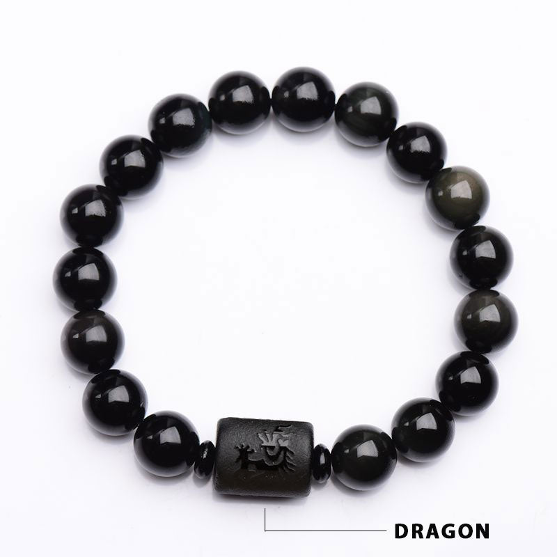 Pulsera de obsidiana negra con fénix y dragón para purificar el alma con Mythstone