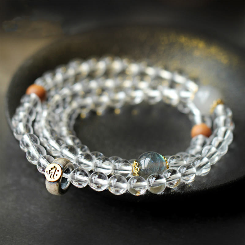 Mythstone 925 Sterling Silver Chinese Zodiac Natal Buddha White Crystal Meditation Triple Wrap Bracelet