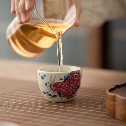 Mythstone Koi Fish Arowana Peony Sunflower Ceramic Teacup Kung Fu Tea Cup 60ml