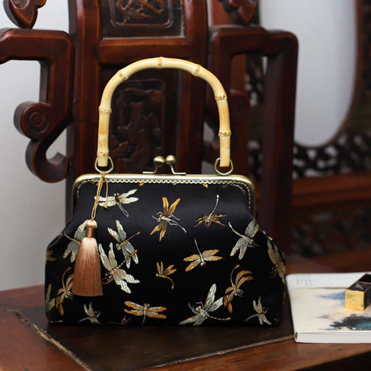 Mythstone Dragonfly Crane Bamboo Leaves Plum Blossom Bamboo Handles Handbag