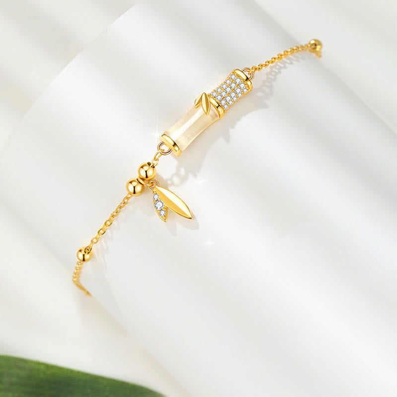 Mythstone 925 Sterling Silver 18K Gold Plated White Jade Bamboo Zircon Leaf Luck Bracelet