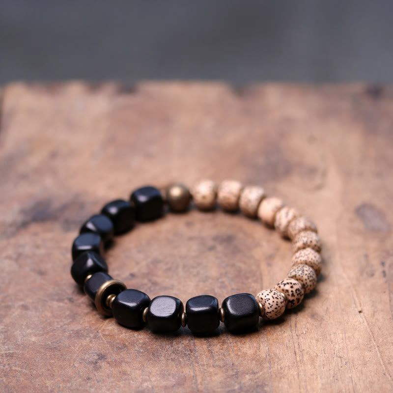 Mythstone Tibetan Bodhi Seed Black Obsidian Ebony Wood Copper Peace Bracelet