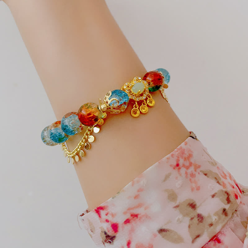 Mythstone Colorful Liuli Glass Bead Chinese Lock Charm Fortune Bracelet