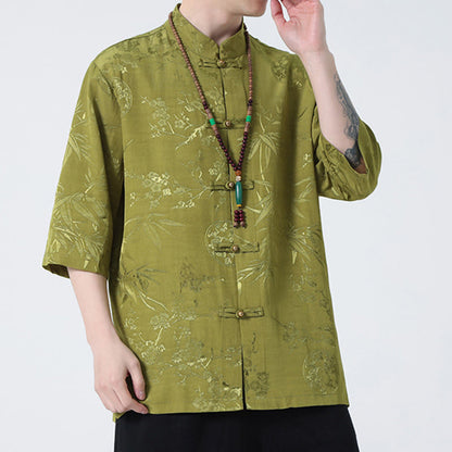 Mythstone Peach Blossom Bamboo Leaves Frog-button Chinese Half Sleeve Shirt Men T-shirt