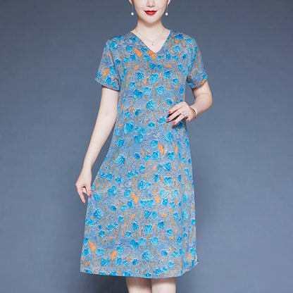 Mythstone V-Neck Tulip Flowers Short Sleeve Midi Dress With Pockets