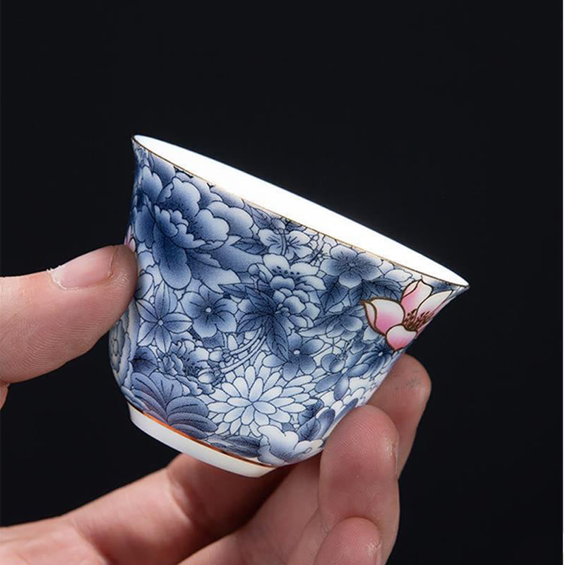 Mythstone Colorful Flowers Orchid Sea Waves Blue and White Porcelain Ceramic Teacup Kung Fu Tea Cup