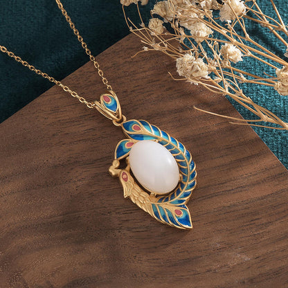 Mythstone White Jade Peacock Copper Blessing Necklace Pendant