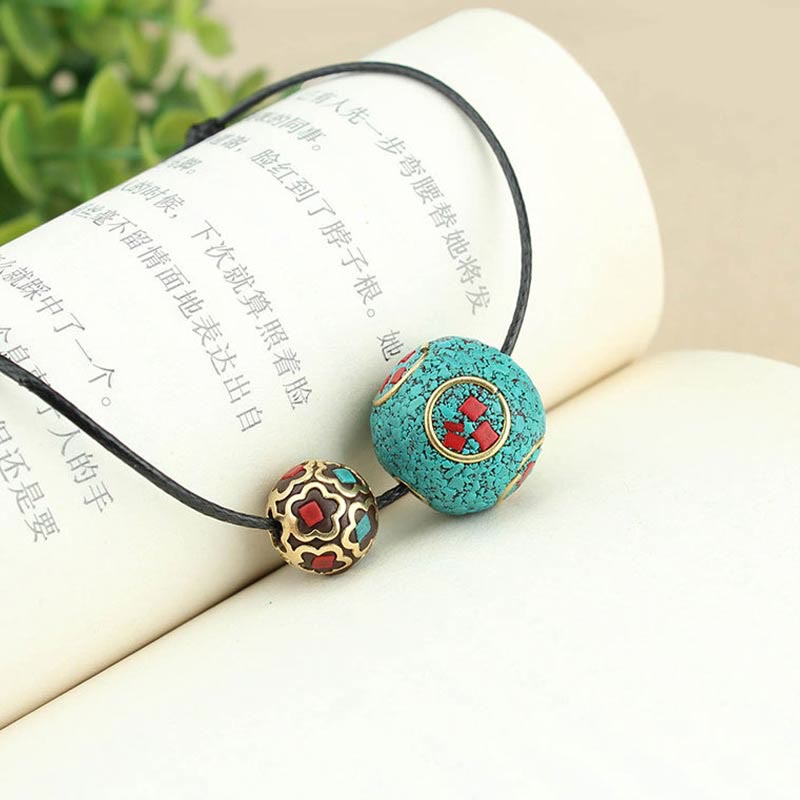 Mythstone Tibetan Turquoise Double Bead Protection Strength Necklace Pendant