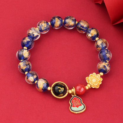 Pulsera de la suerte con cuentas de vidrio de loto y liuli con dije de calabaza y personaje Om Mani Padme Hum Fu del Tíbet