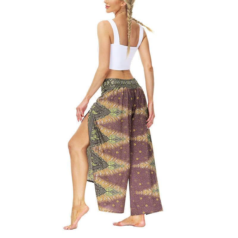 Mythstone Boho Geometric Feather Split Thigh Wide Leg Pants Sports Fitness Dance Women's Yoga Pants