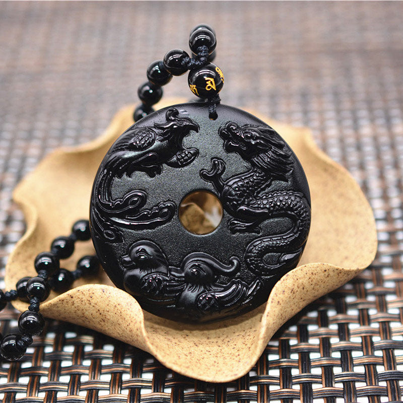 Mythstone Black Obsidian Dragon Phoenix Mandarin Duck Luck Protection Necklace Pendant