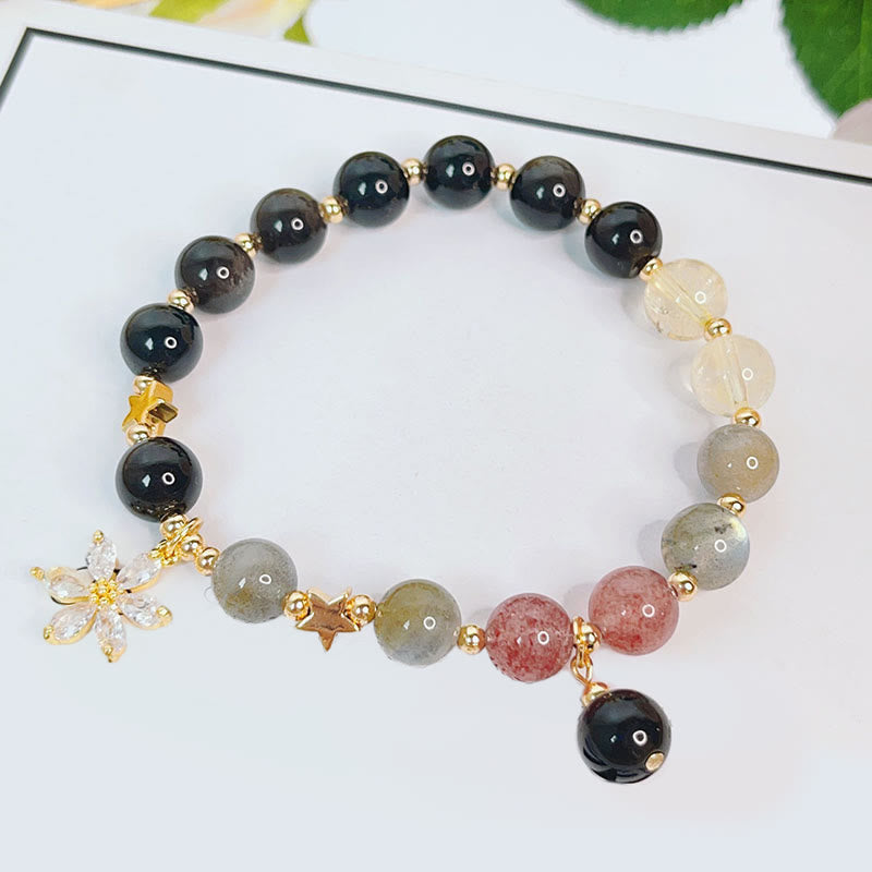 Pulsera de protección con forma de corazón, estrella y flor de obsidiana con brillo de plata natural Mythstone