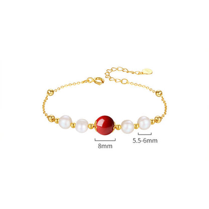 Mythstone 925 Sterling Silver Pearl Cinnabar Healing Bead Chain Bracelet