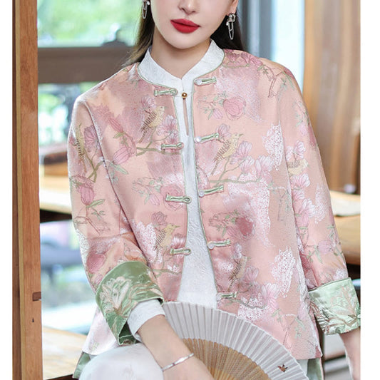 Mythstone Flower Embroidery Frog-Button Tang Suit Design Open Front Jacket