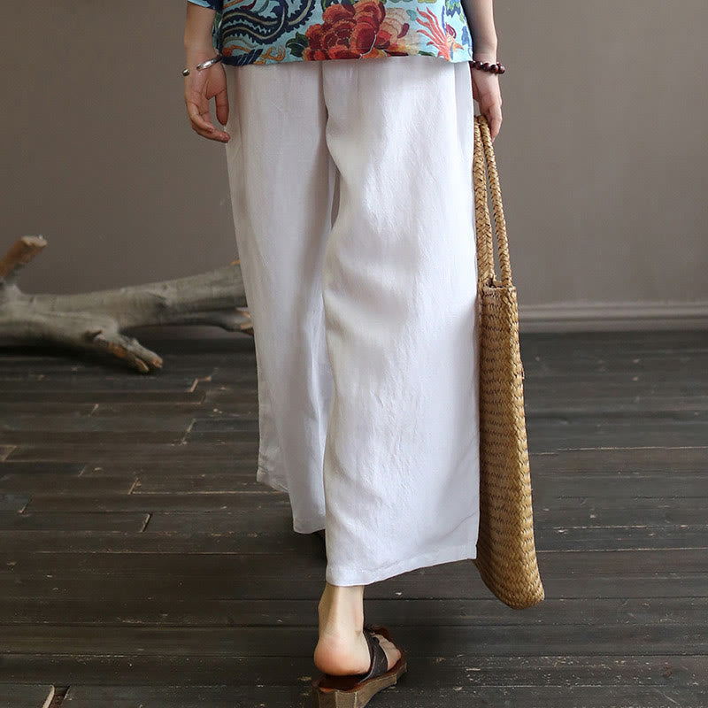 Mythstone Red Blue Peony Midi Dress Half Sleeve Cotton Linen Dress Wide Leg Pants With Pockets