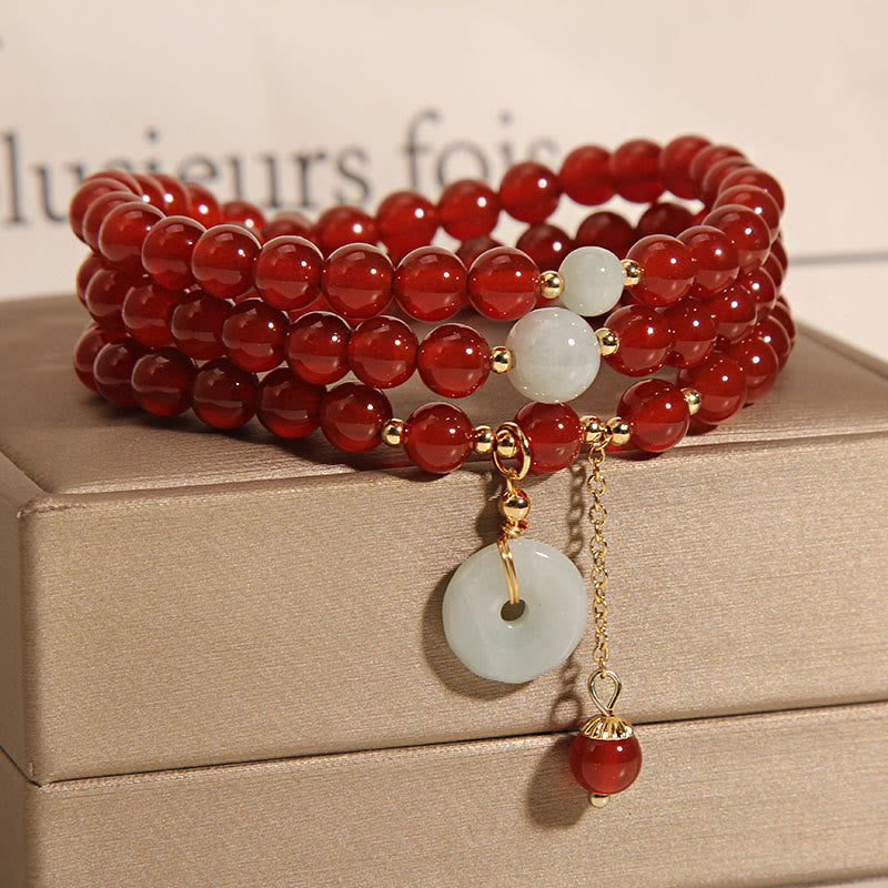 MythStone Natural Red Agate Jade Peace Buckle Calm Triple Wrap Bracelet