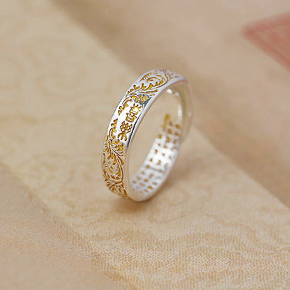 Anillo ajustable de cobre tallado con diseño de flor de loto y corazón de la dinastía Tang, con la paz y la alegría de Mythstone