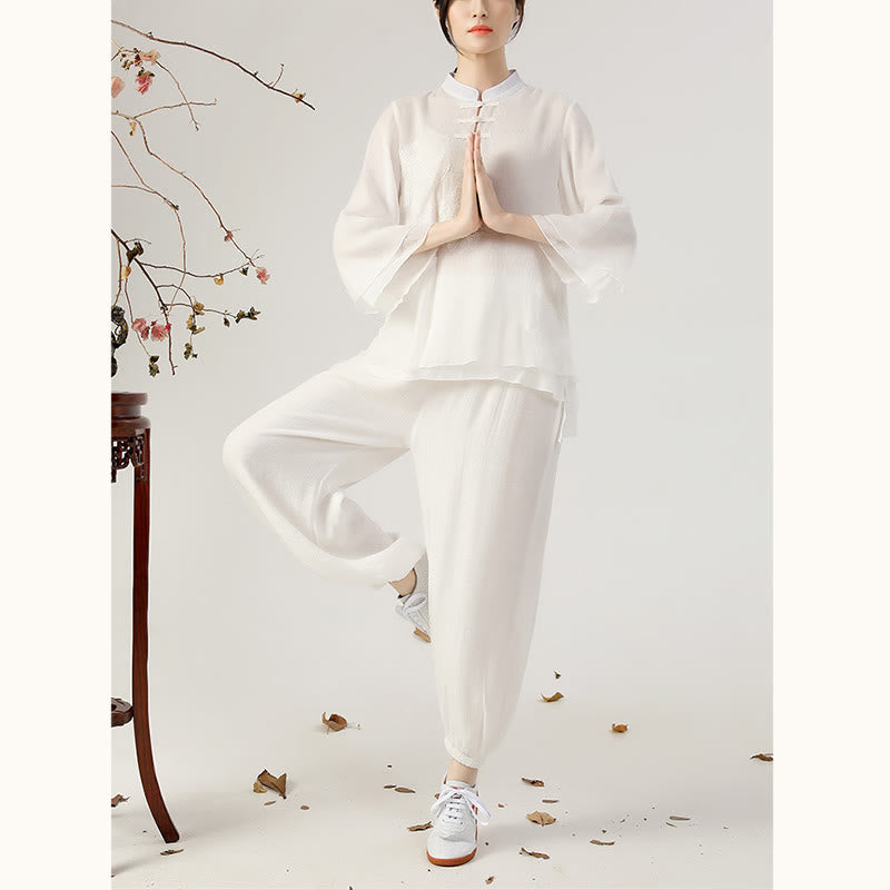 Mythstone 2Pcs Long Sleeve Frog-Button Meditation Prayer Zen Practice Tai Chi Uniform Clothing Women's Set