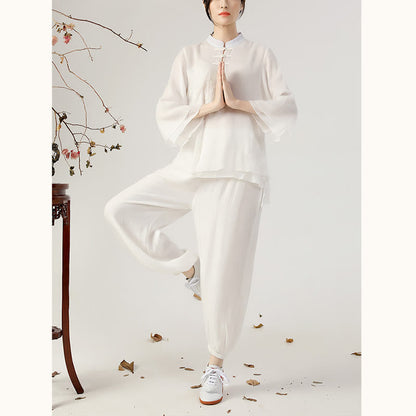 Mythstone 2Pcs Long Sleeve Frog-Button Meditation Prayer Zen Practice Tai Chi Uniform Clothing Women's Set