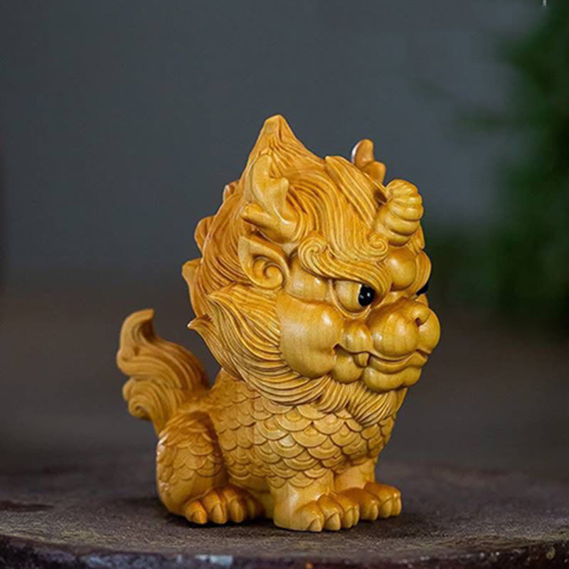 Mythstone Feng Shui Kirin Boxwood Wood Engraving Home Decoration